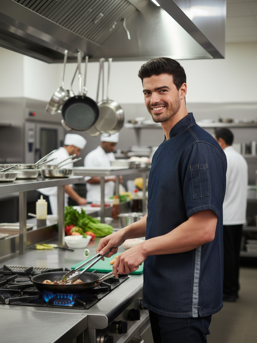 Veste de Cuisine Unisexe Manches Courtes Denim & Zip PREMIER