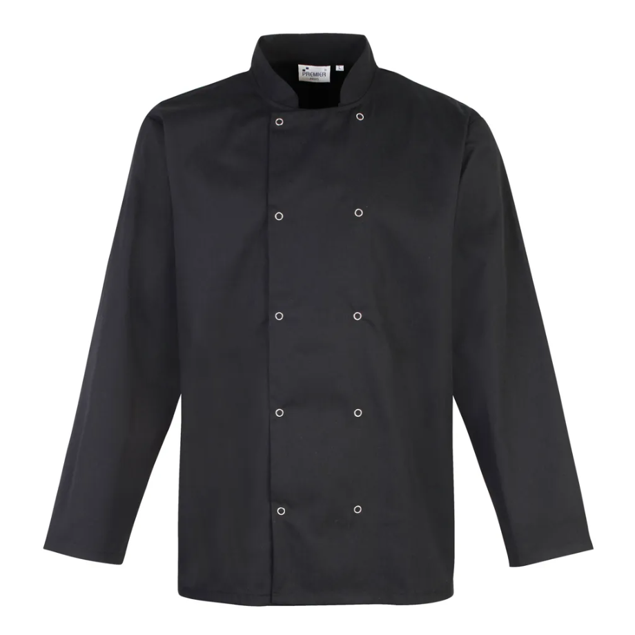 Veste de Cuisine Unisexe Noire Manches Longues Pressions PREMIER | Tenues Pro
